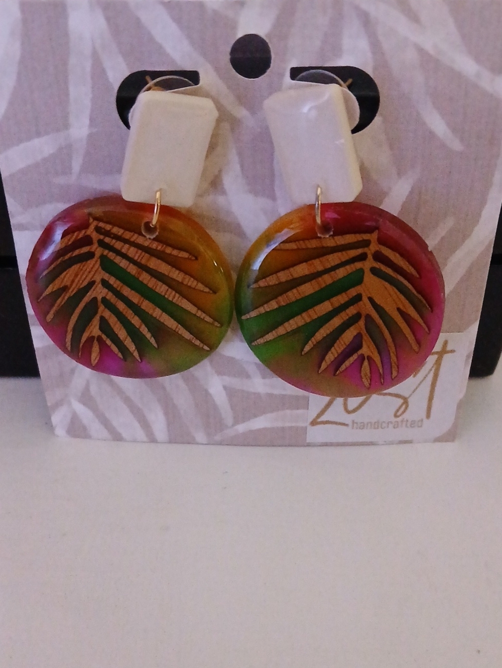 Vintage Multicolor Green Pink Gold Palm Leaf Drop Earrings